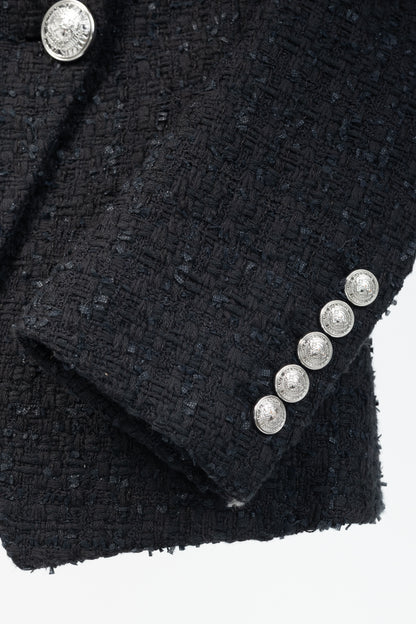 Balmain SS/19 Black Cotton Tweed Double-Breasted Blazer