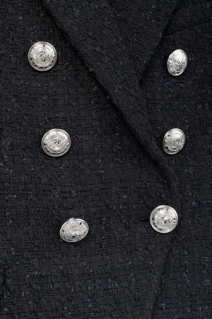 Balmain SS/19 Black Cotton Tweed Double-Breasted Blazer