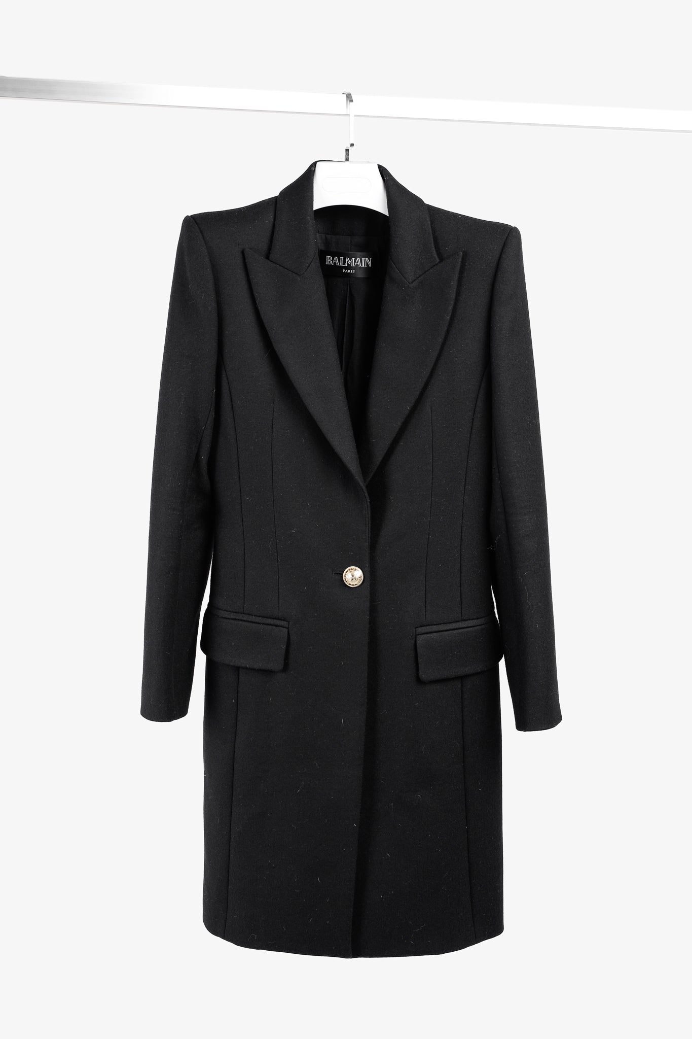 Balmain Golden Crest Button Black Wool Overcoat