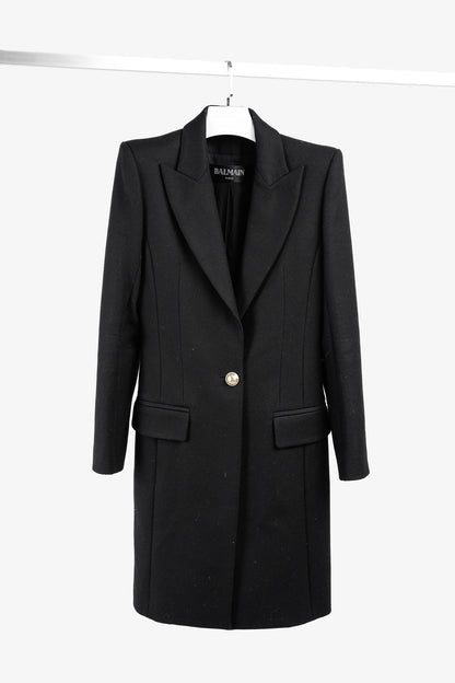 Balmain Golden Crest Button Black Wool Overcoat