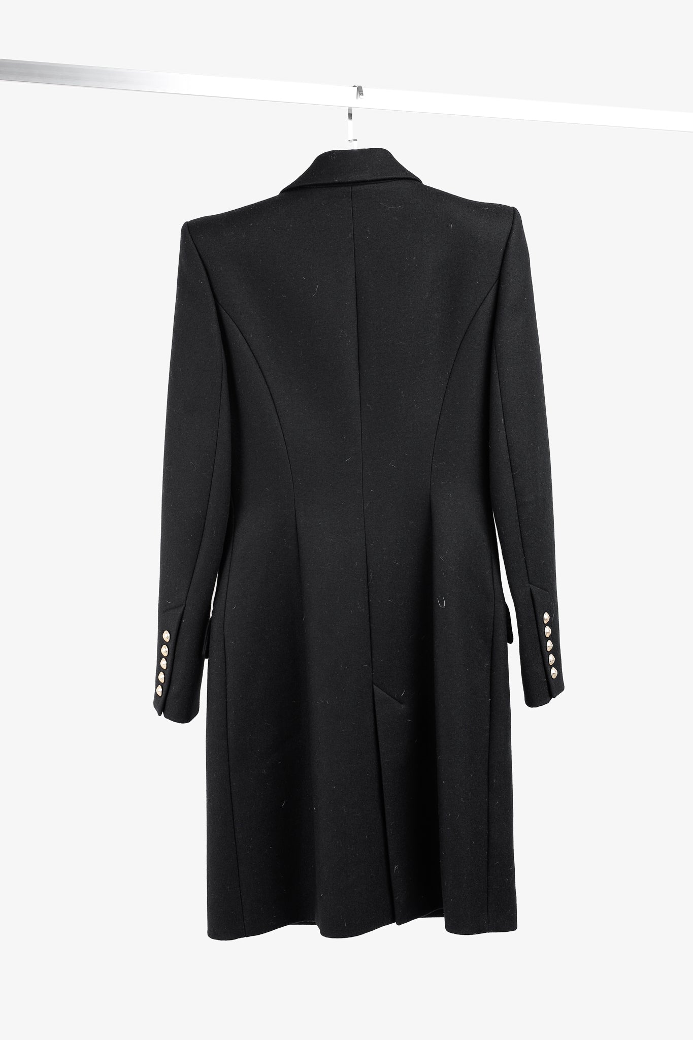 Balmain Golden Crest Button Black Wool Overcoat