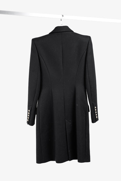 Balmain Golden Crest Button Black Wool Overcoat