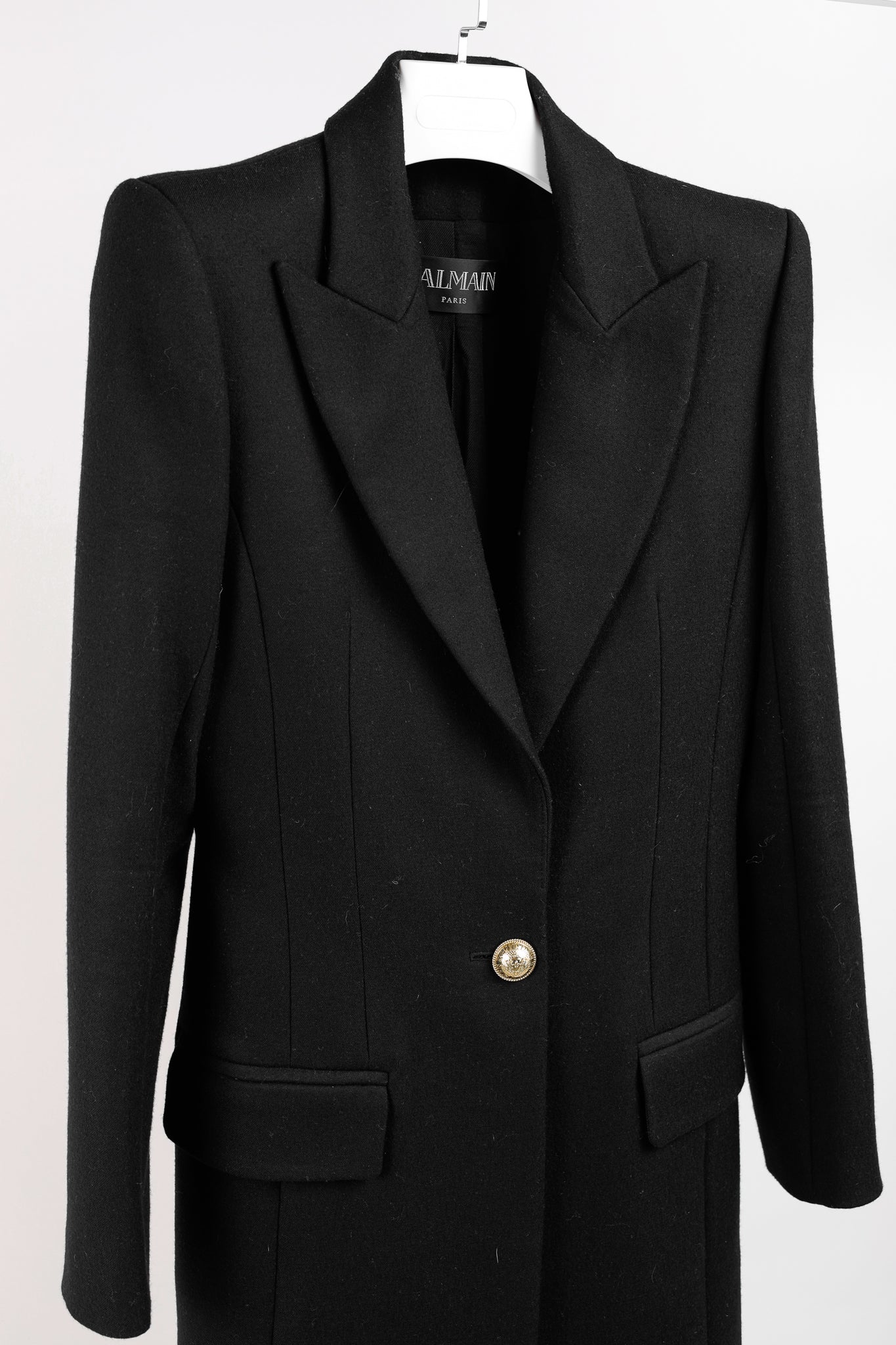 Balmain Golden Crest Button Black Wool Overcoat