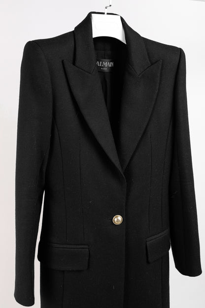 Balmain Golden Crest Button Black Wool Overcoat