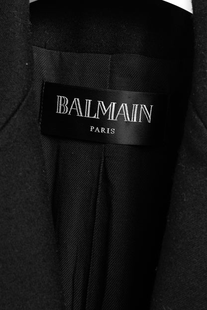 Balmain Golden Crest Button Black Wool Overcoat