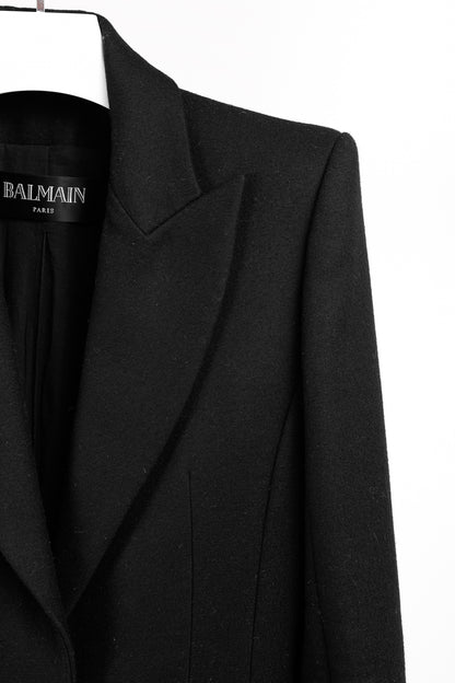 Balmain Golden Crest Button Black Wool Overcoat