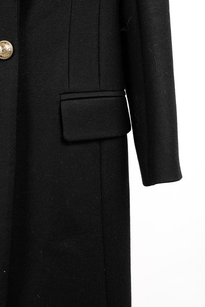 Balmain Golden Crest Button Black Wool Overcoat