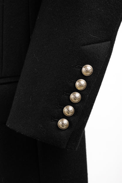 Balmain Golden Crest Button Black Wool Overcoat