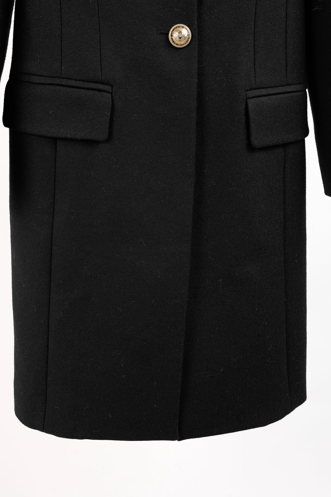 Balmain Golden Crest Button Black Wool Overcoat