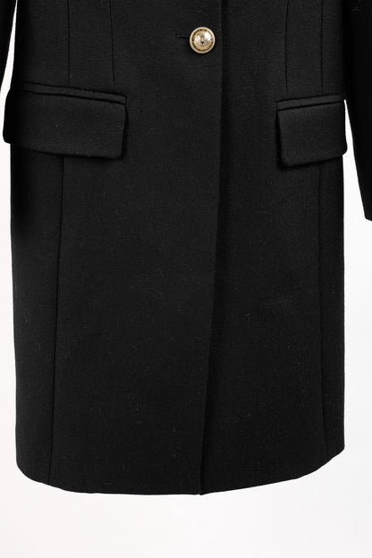 Balmain Golden Crest Button Black Wool Overcoat