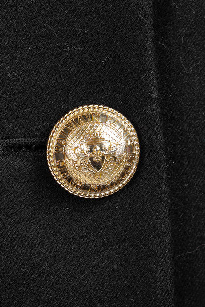 Balmain Golden Crest Button Black Wool Overcoat