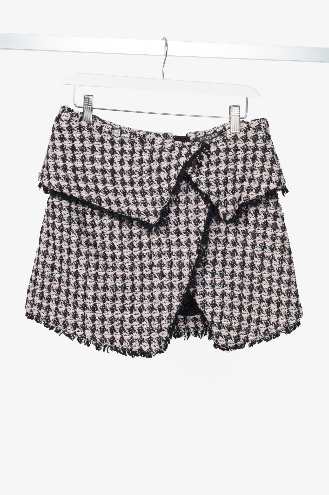 Balmain Pink & Black Sequin Houndstooth Tweed Wrap Mini Skirt