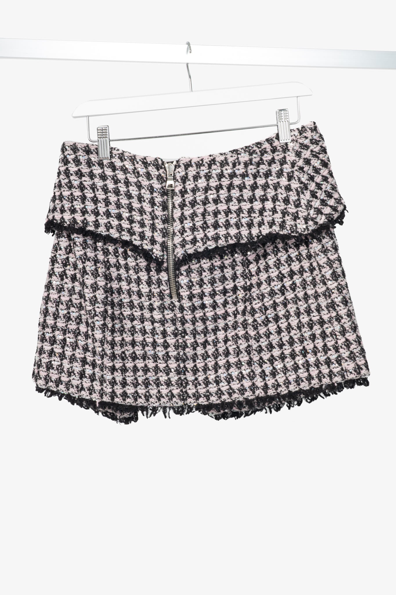 Balmain Pink & Black Sequin Houndstooth Tweed Wrap Mini Skirt