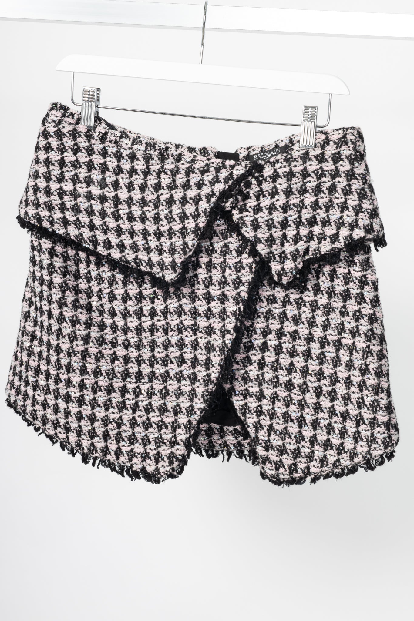 Balmain Pink & Black Sequin Houndstooth Tweed Wrap Mini Skirt