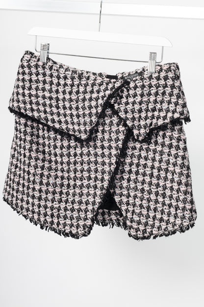 Balmain Pink & Black Sequin Houndstooth Tweed Wrap Mini Skirt