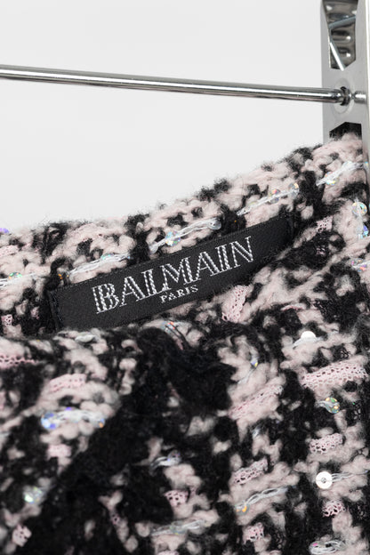 Balmain Pink & Black Sequin Houndstooth Tweed Wrap Mini Skirt