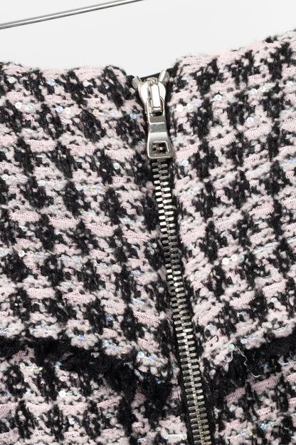 Balmain Pink & Black Sequin Houndstooth Tweed Wrap Mini Skirt