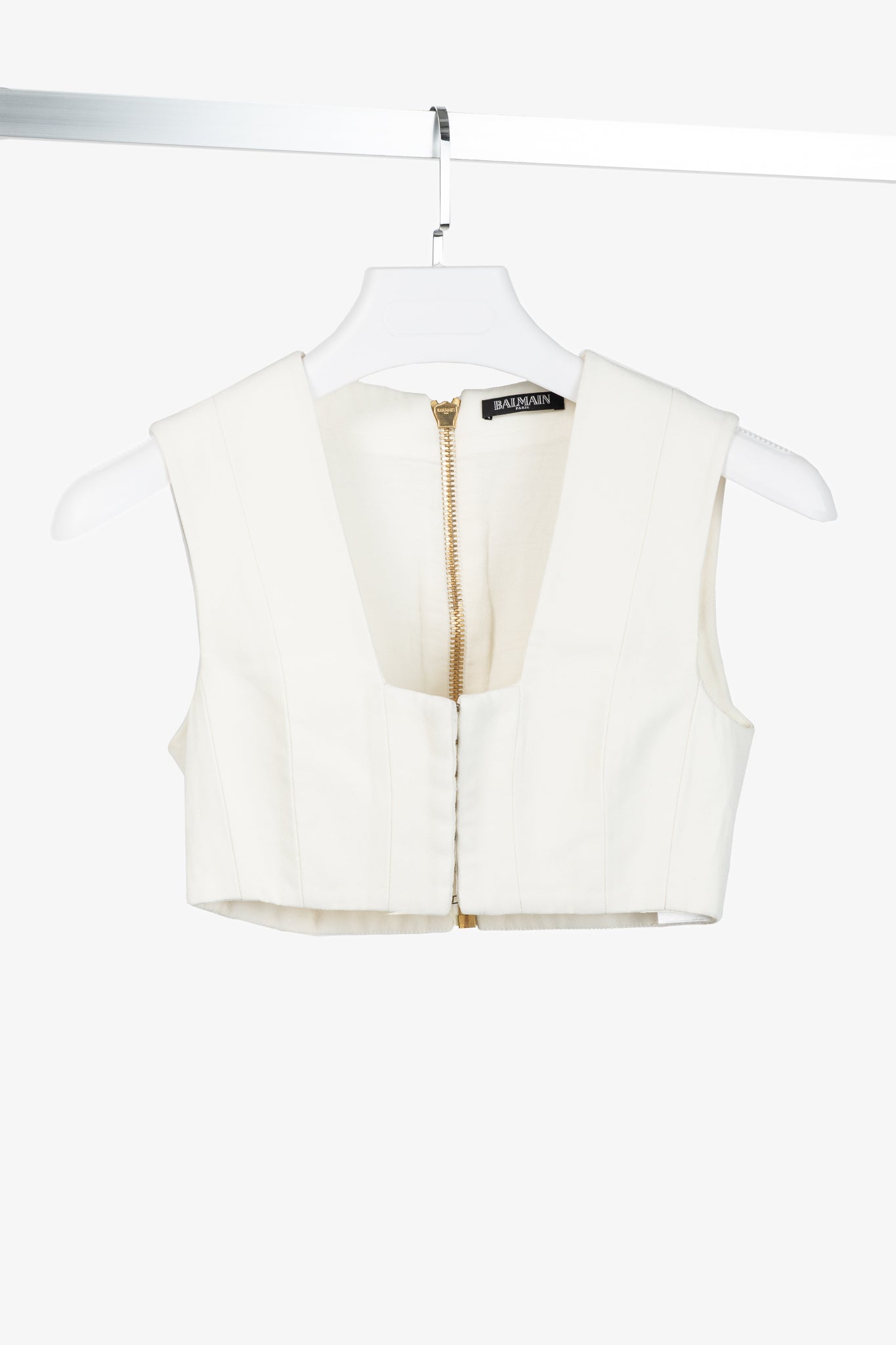 Balmain White Crepe Square-Neck Cropped Bustier