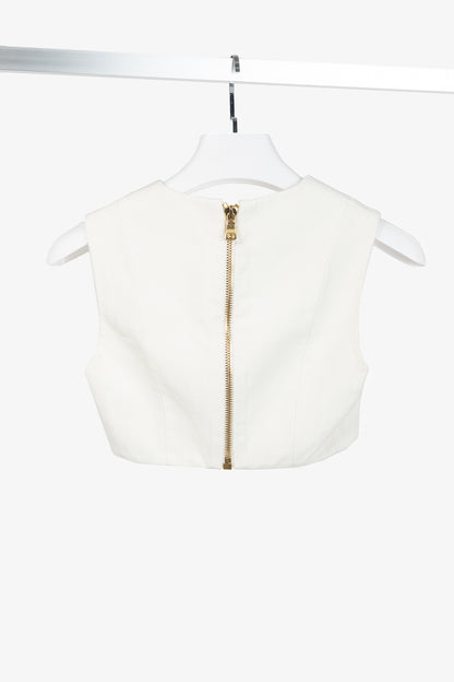 Balmain White Crepe Square-Neck Cropped Bustier
