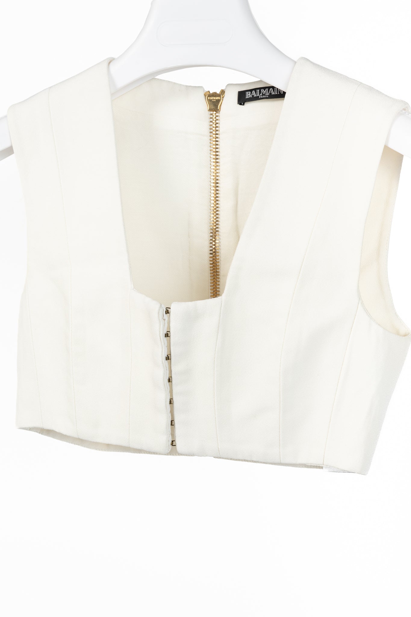 Balmain White Crepe Square-Neck Cropped Bustier