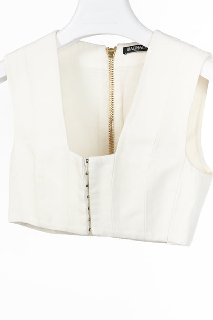 Balmain White Crepe Square-Neck Cropped Bustier