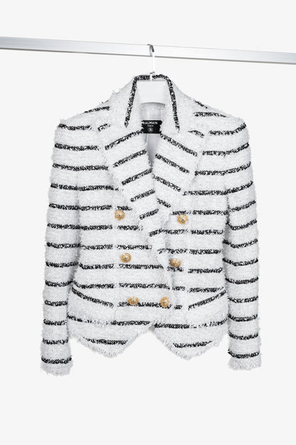 Balmain Black White Silver Bouclé Striped Tweed Blazer