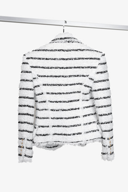 Balmain Black White Silver Bouclé Striped Tweed Blazer