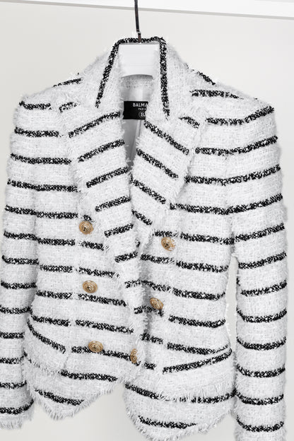 Balmain Black White Silver Bouclé Striped Tweed Blazer