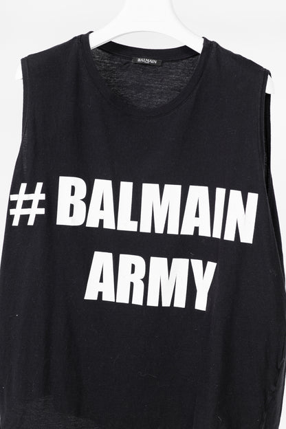 Balmain Black Cotton "#Balmain Army" Graphic Muscle Tank