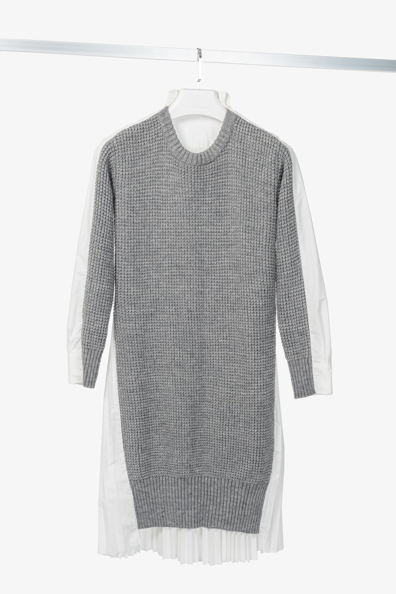 Sacai Grey & White Pleated-Back Sweater Shirt Dress