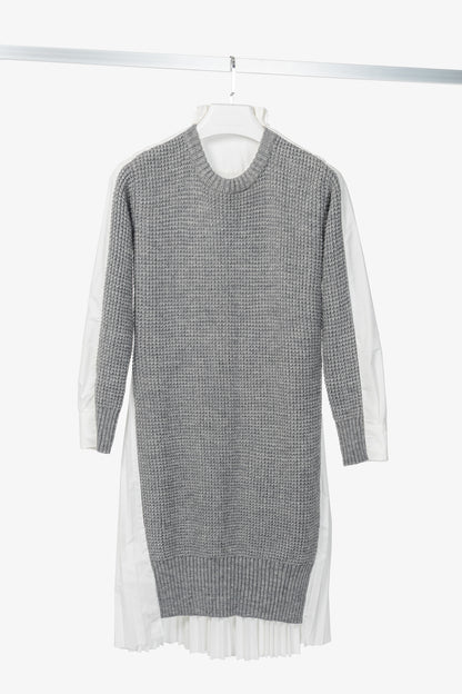 Sacai Grey & White Pleated-Back Sweater Shirt Dress