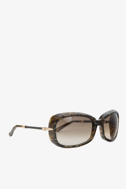 Bottega Veneta BV 92/S Green Crosshatch Braided-Leather Rectangular Sunglasses