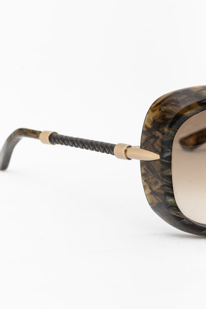 Bottega Veneta BV 92/S Green Crosshatch Braided-Leather Rectangular Sunglasses