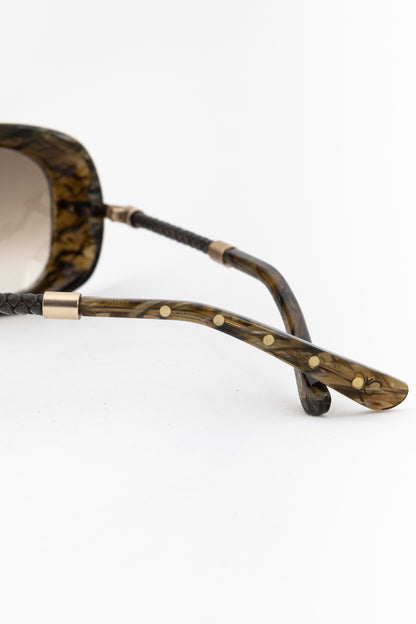 Bottega Veneta BV 92/S Green Crosshatch Braided-Leather Rectangular Sunglasses