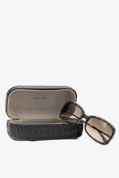 Bottega Veneta BV 92/S Green Crosshatch Braided-Leather Rectangular Sunglasses