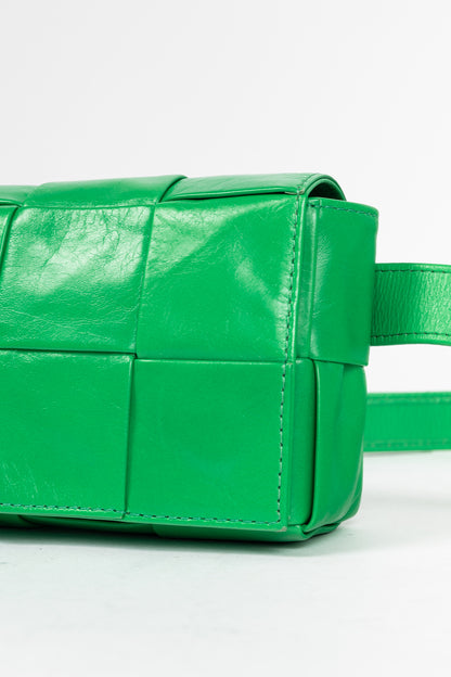 Bottega Veneta Cassette Mini Green Intreccio-Woven Belt Bag