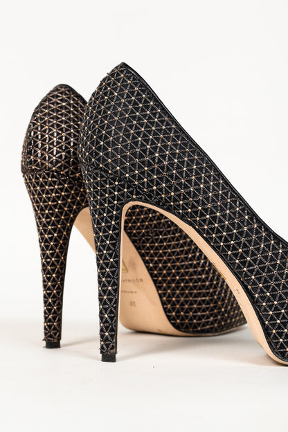 Brian Atwood Maniac Black Silk Gold-Crystal Platform Pumps