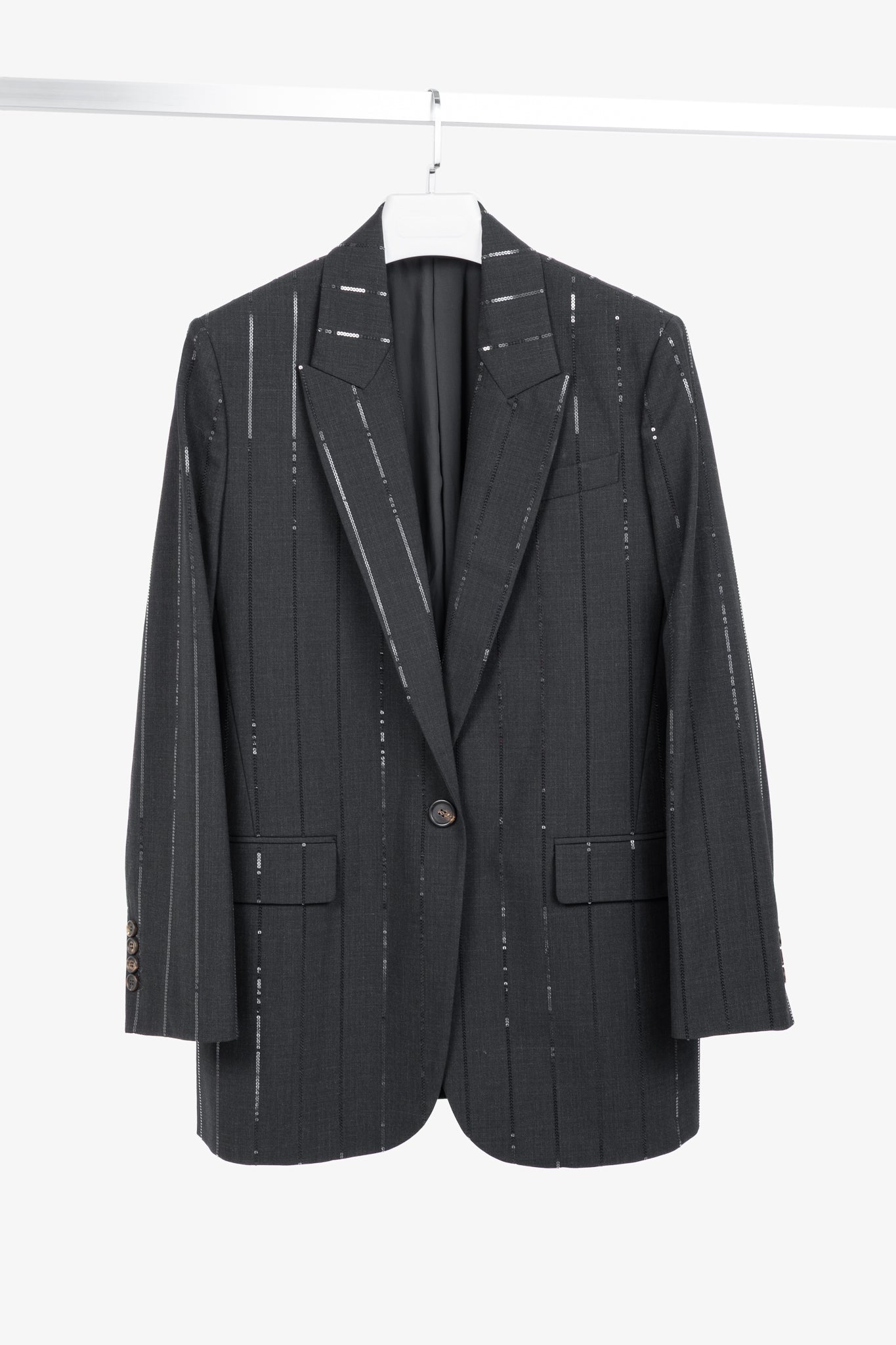Brunello Cucinelli AW23 Anthracite Wool-Blend Sequin-Stripe Blazer