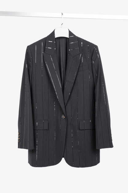 Brunello Cucinelli AW23 Anthracite Wool-Blend Sequin-Stripe Blazer