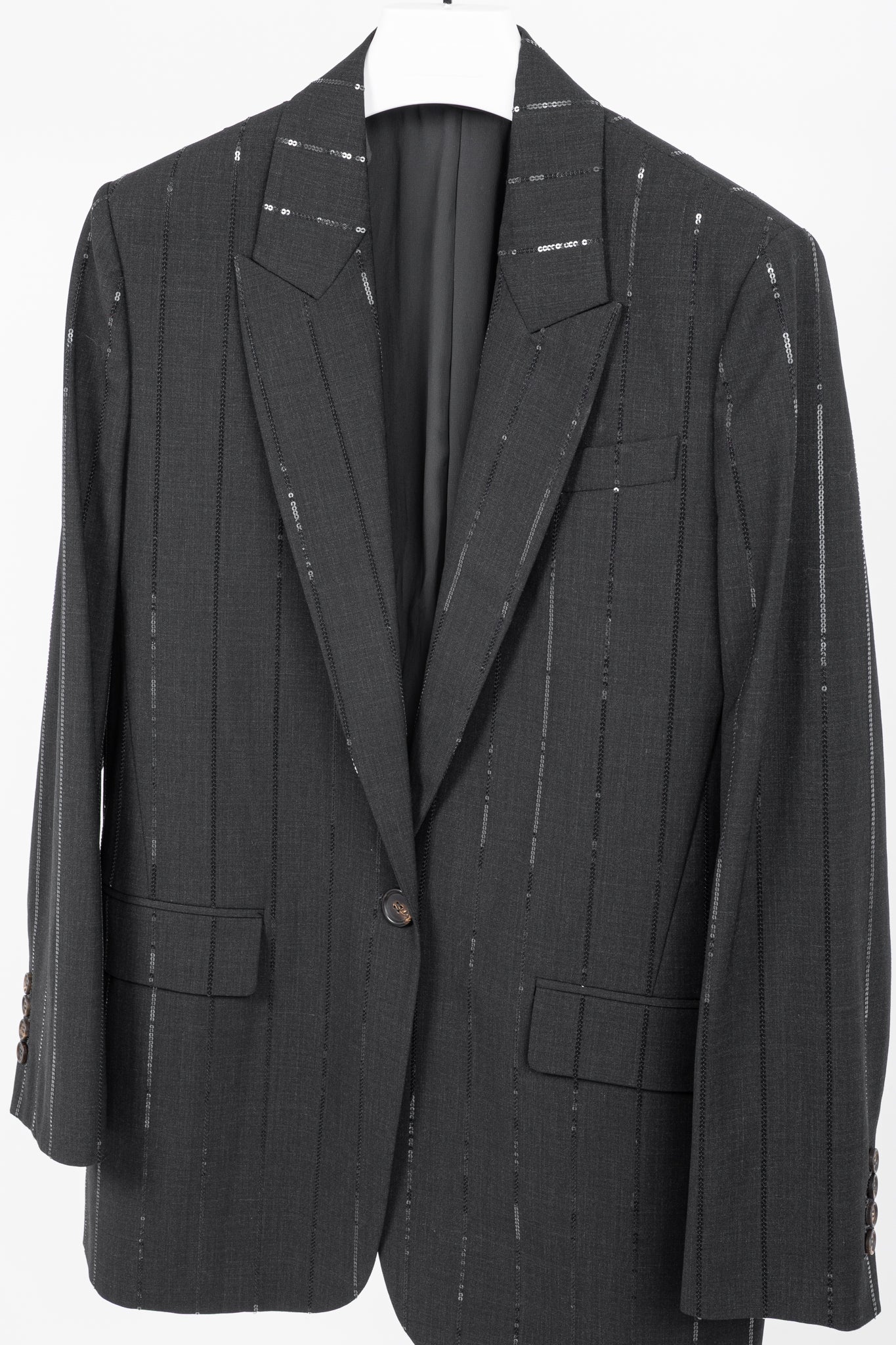Brunello Cucinelli AW23 Anthracite Wool-Blend Sequin-Stripe Blazer