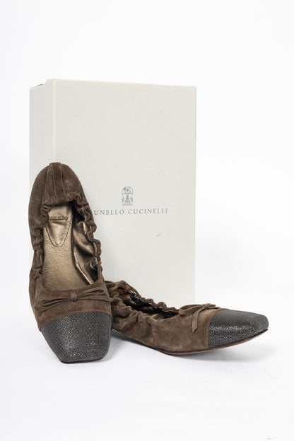 Brunello Cucinelli Brown Suede Monili-Cap-Toe Bow Flats
