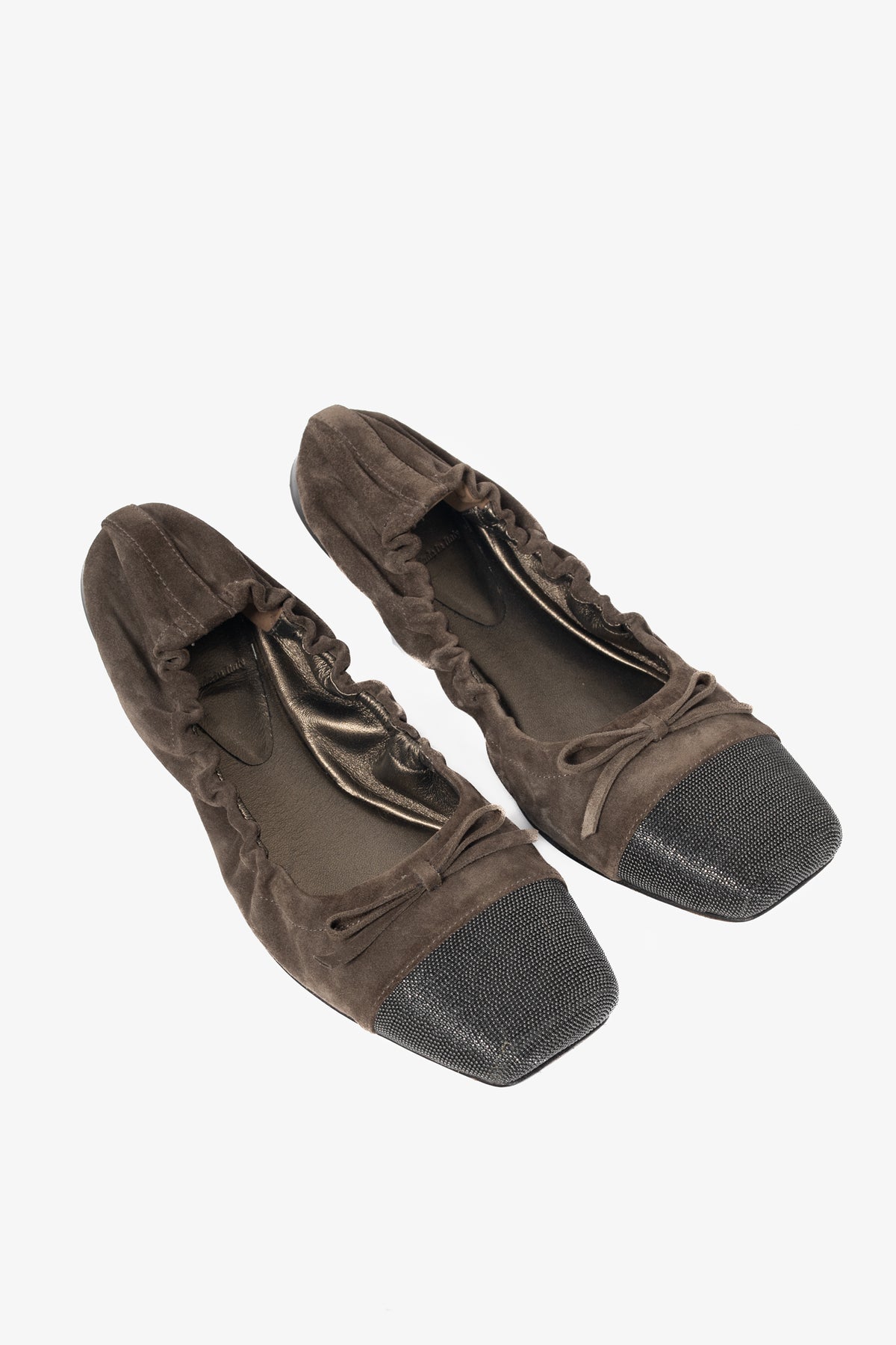 Brunello Cucinelli Brown Suede Monili-Cap-Toe Bow Flats