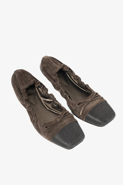 Brunello Cucinelli Brown Suede Monili-Cap-Toe Bow Flats