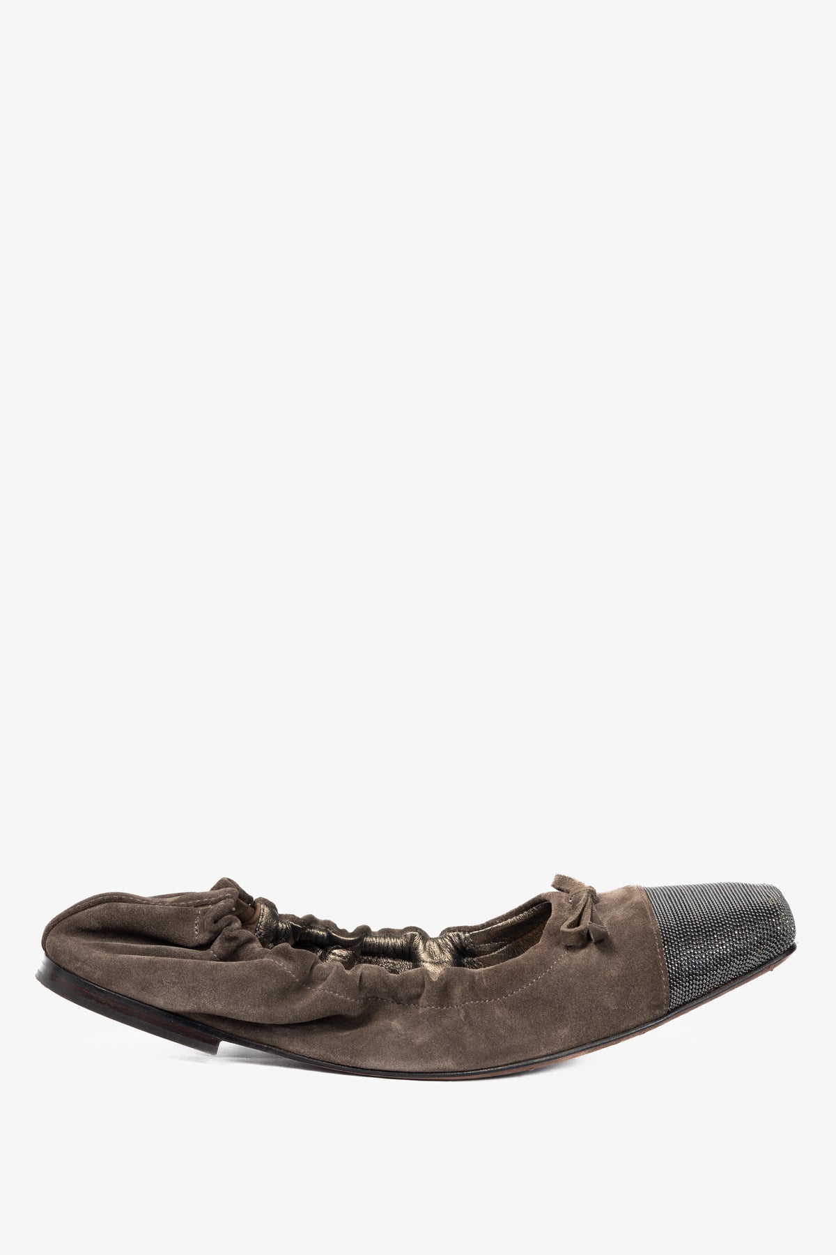 Brunello Cucinelli Brown Suede Monili-Cap-Toe Bow Flats