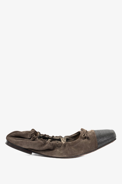 Brunello Cucinelli Brown Suede Monili-Cap-Toe Bow Flats