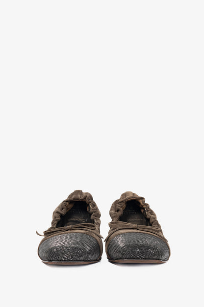 Brunello Cucinelli Brown Suede Monili-Cap-Toe Bow Flats
