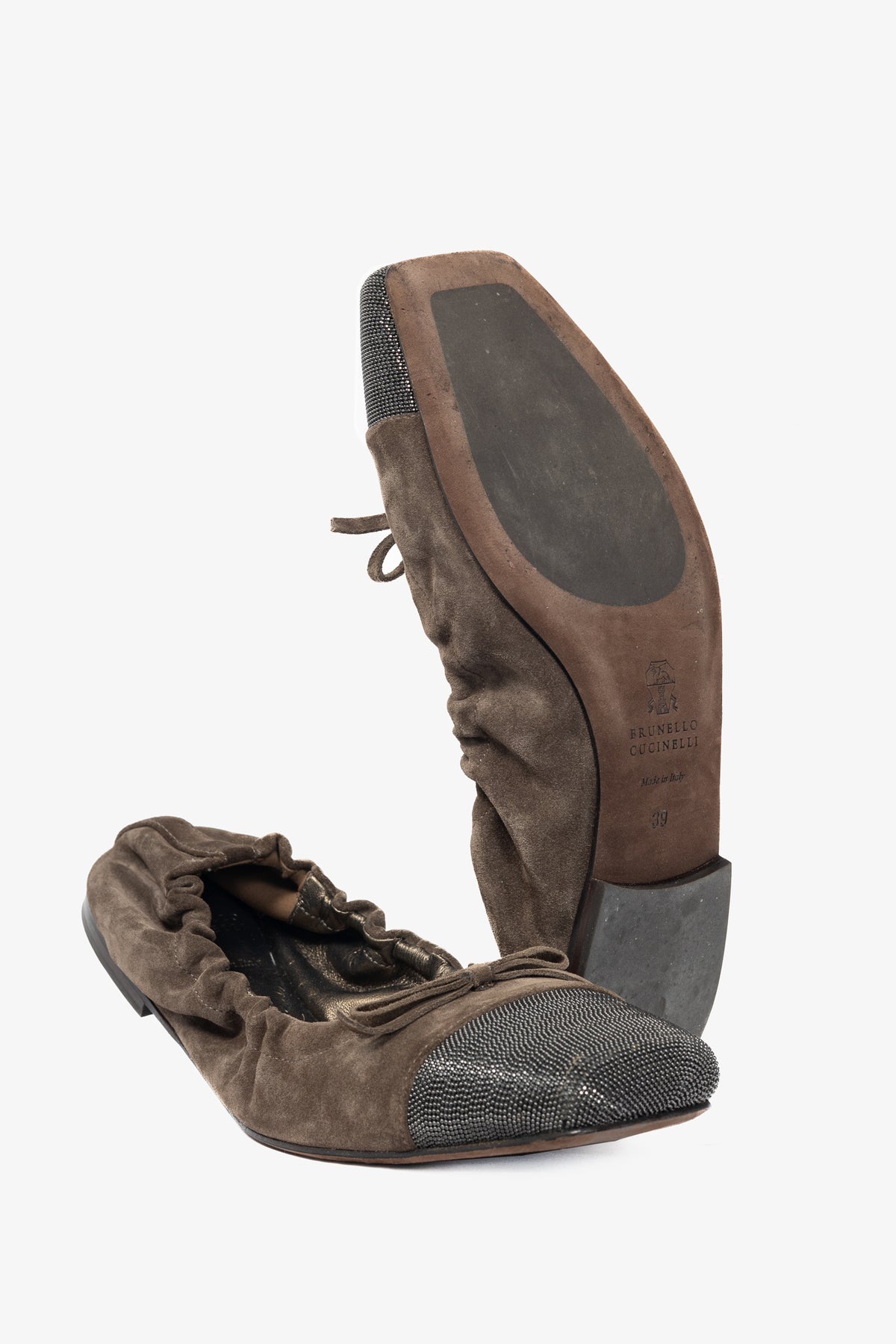 Brunello Cucinelli Brown Suede Monili-Cap-Toe Bow Flats
