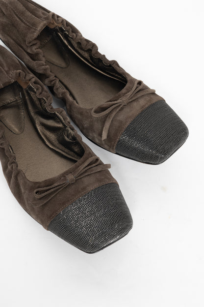 Brunello Cucinelli Brown Suede Monili-Cap-Toe Bow Flats