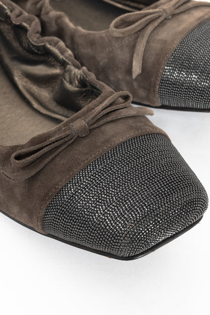 Brunello Cucinelli Brown Suede Monili-Cap-Toe Bow Flats