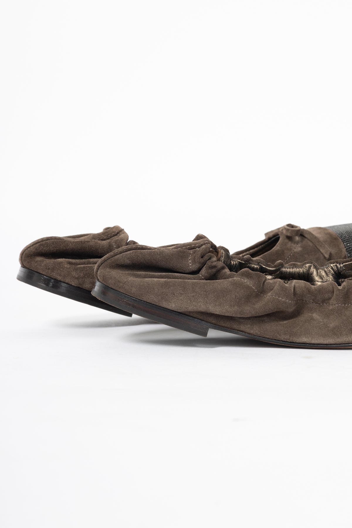 Brunello Cucinelli Brown Suede Monili-Cap-Toe Bow Flats